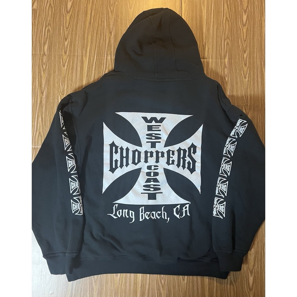 Vintage Y2K West Coast Choppers Hoodie Size Large Black Long Beach Iron Cross
